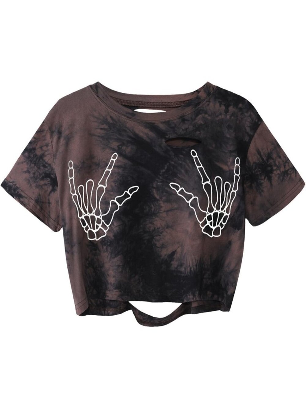 Women's Black Brown Skull Finger Graphic Distressed Ripped Crop Tops Tee Shirt